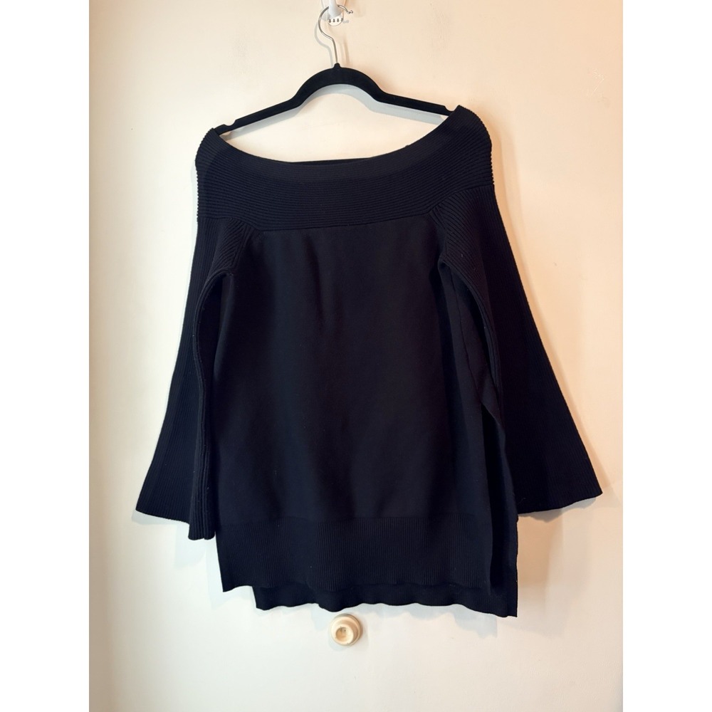 Anthropologie Black‎ Sweater Boat Neck Size Medium Bell Sleeve Stretch Side Slit